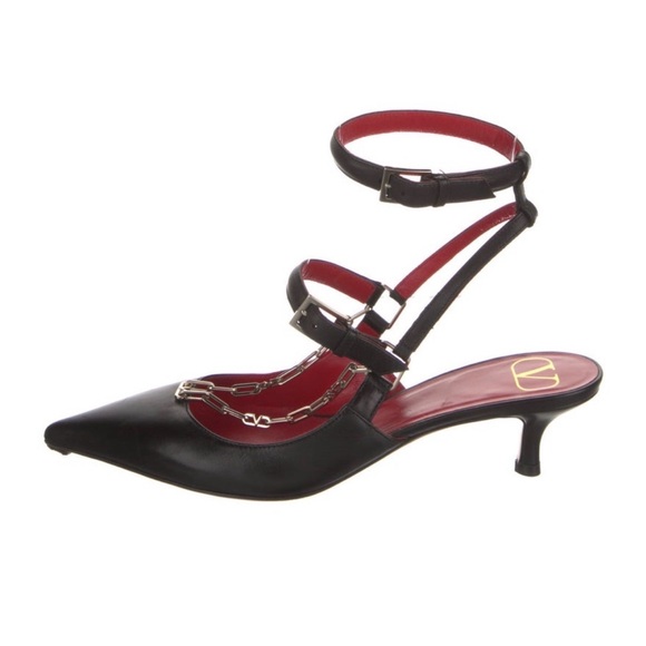 Valentino Black Pointed-Toe Ankle-Strap Kitten Heel Pumps with Red Insole - Picture 7 of 7